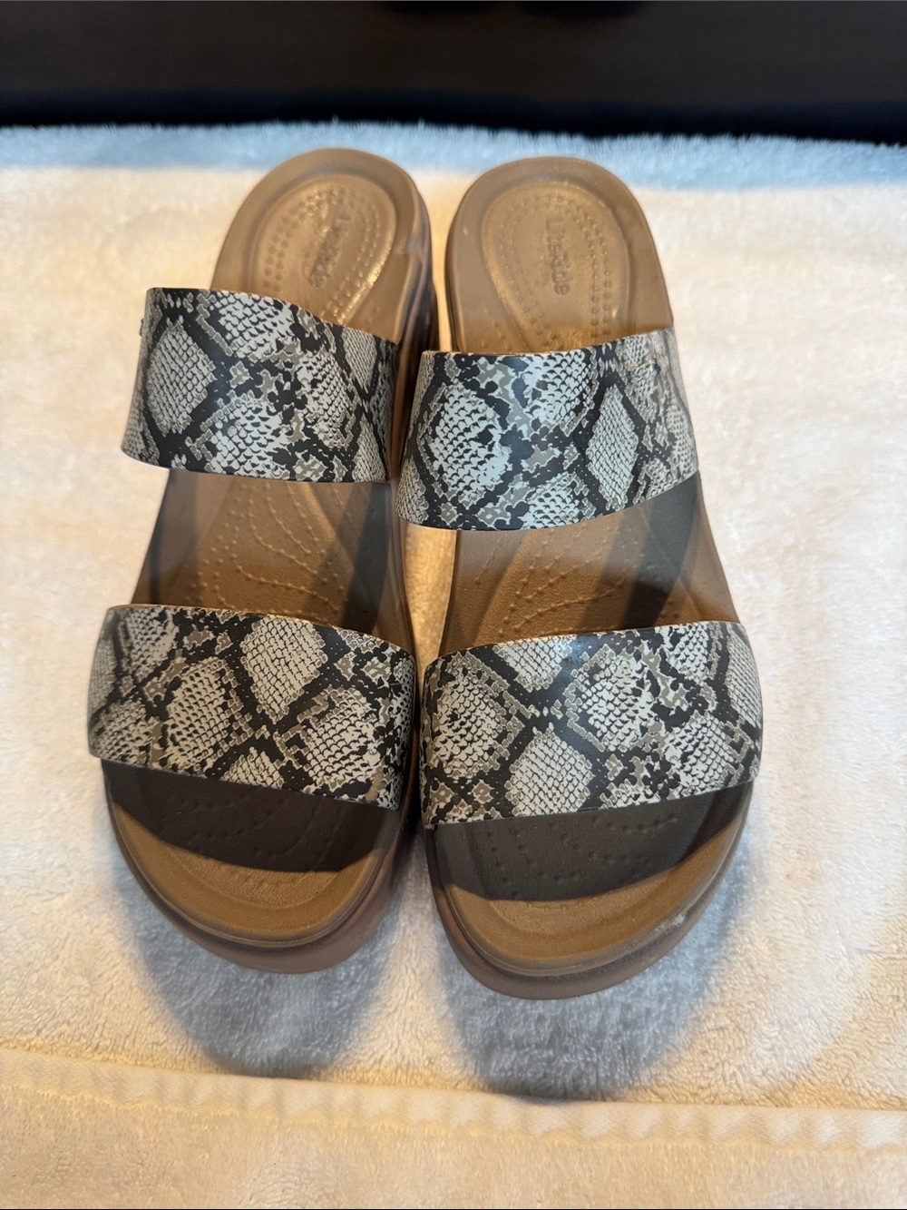 Women's Two-Strap Snake Print Slide Sandals in Brown/Black Crocs